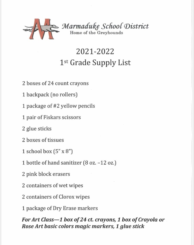 1st Grade Supply List