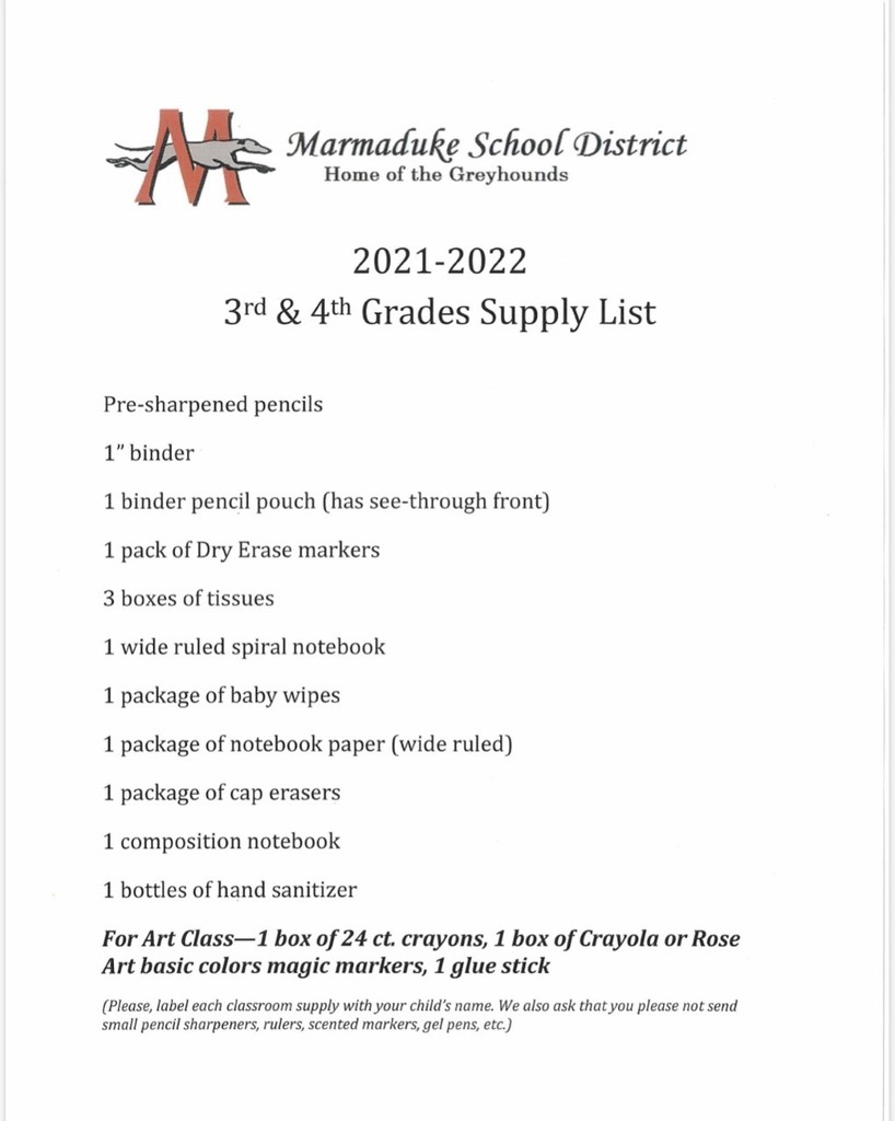 3rd and 4th Grade Supply List