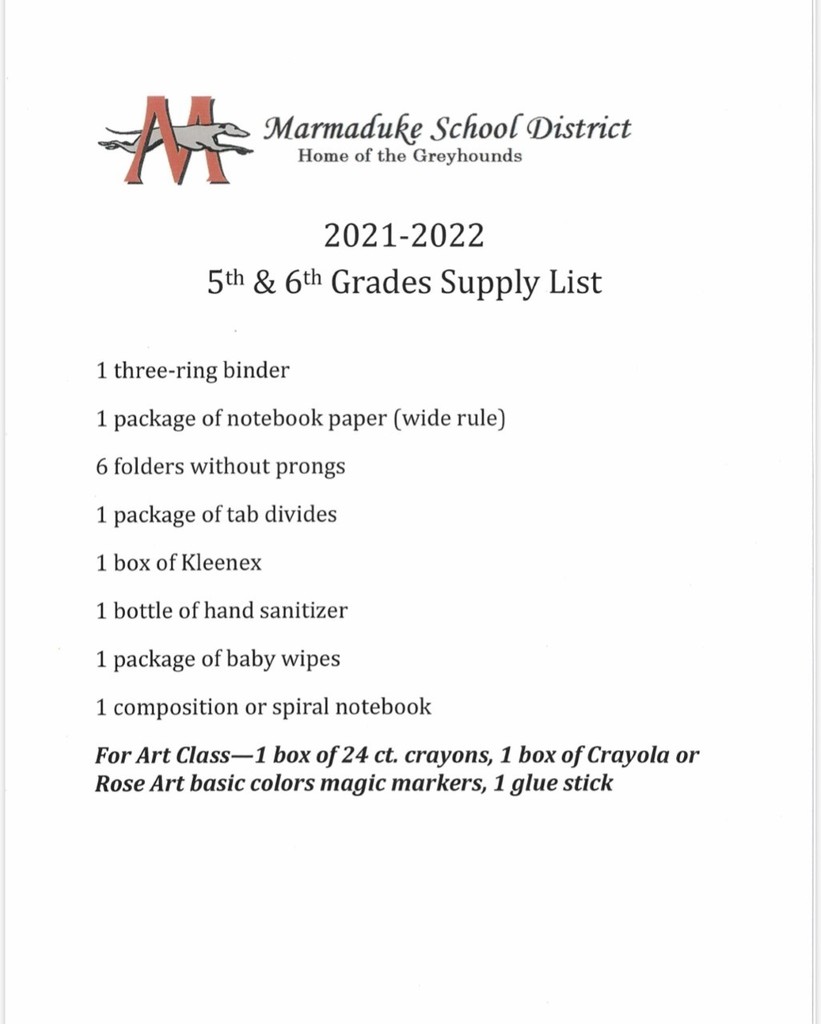 5th and 6th Grade Supply List